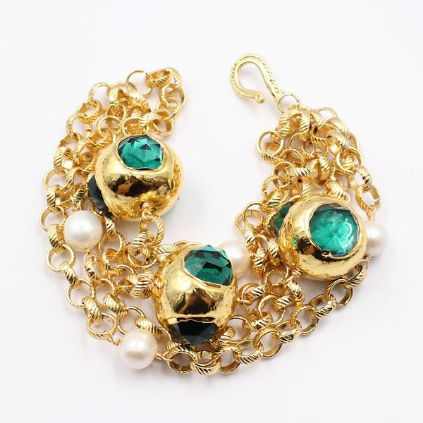 guaiguai jewelry 4 strands natural white pearl green crystal gold color plated beads chain bracelet handmade for women, Black